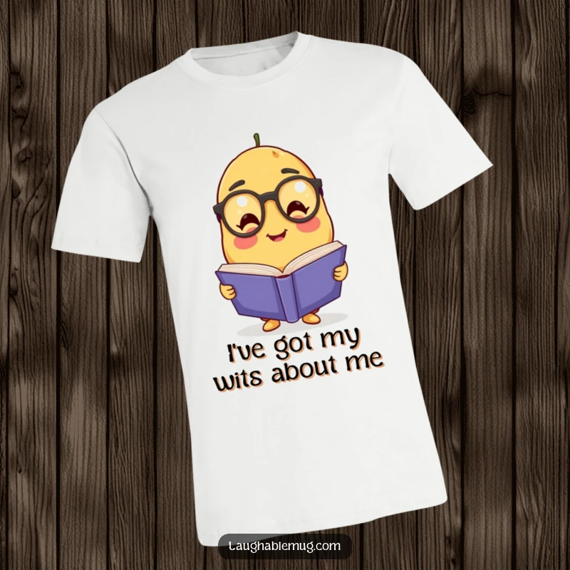 Funny Potato Scholar T-Shirt: A charming potato character wearing glasses is deeply engrossed in reading a very large book, looking studious and friendly.