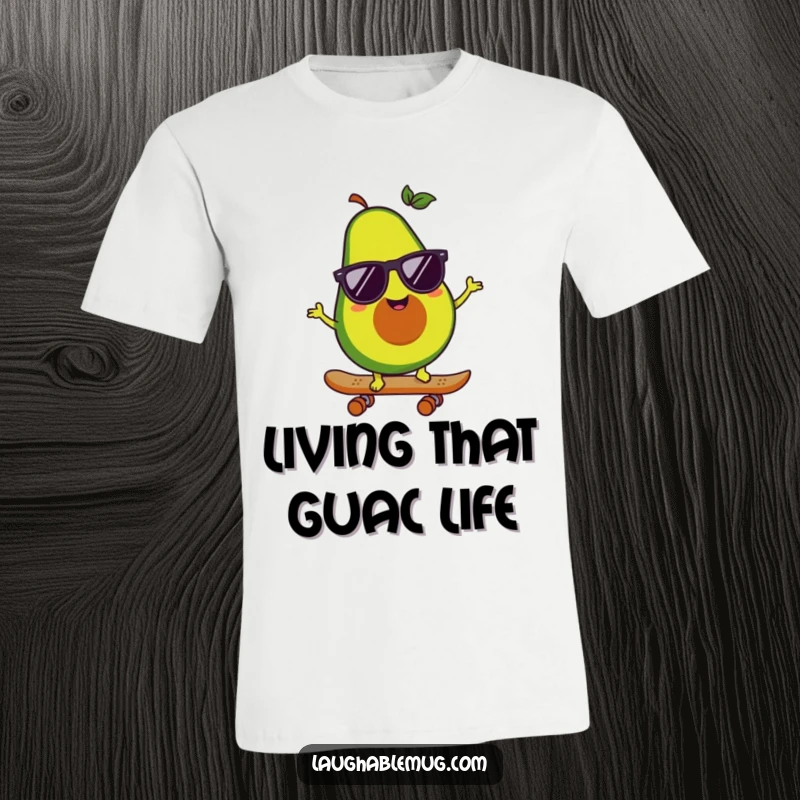 Funny t-shirt with a happy avocado character wearing sunglasses while riding a skateboard, showcasing a cool and adventurous spirit.