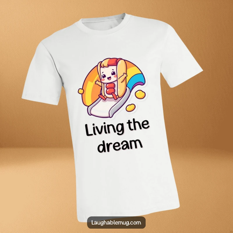 Funny t-shirt with a happy hot dog character sliding down a rainbow slide, embodying pure joy.