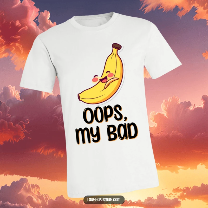 Funny T-Shirt: Smiling banana comically slipping on its own peel, a classic visual gag for instant humor.