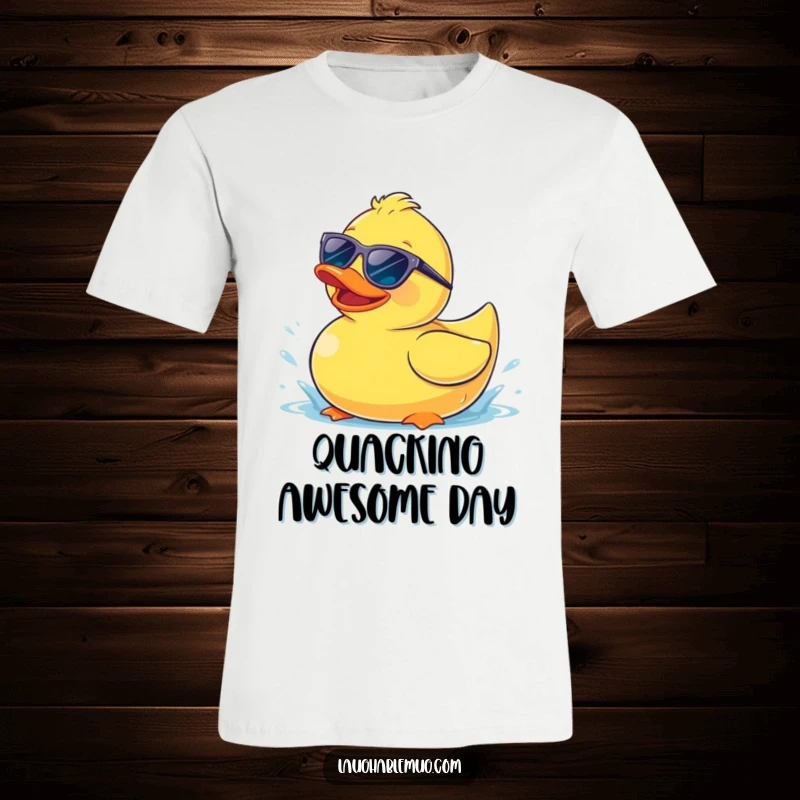 Funny t-shirt depicting a happy rubber ducky wearing sunglasses, splashing playfully, exuding cool and fun energy.