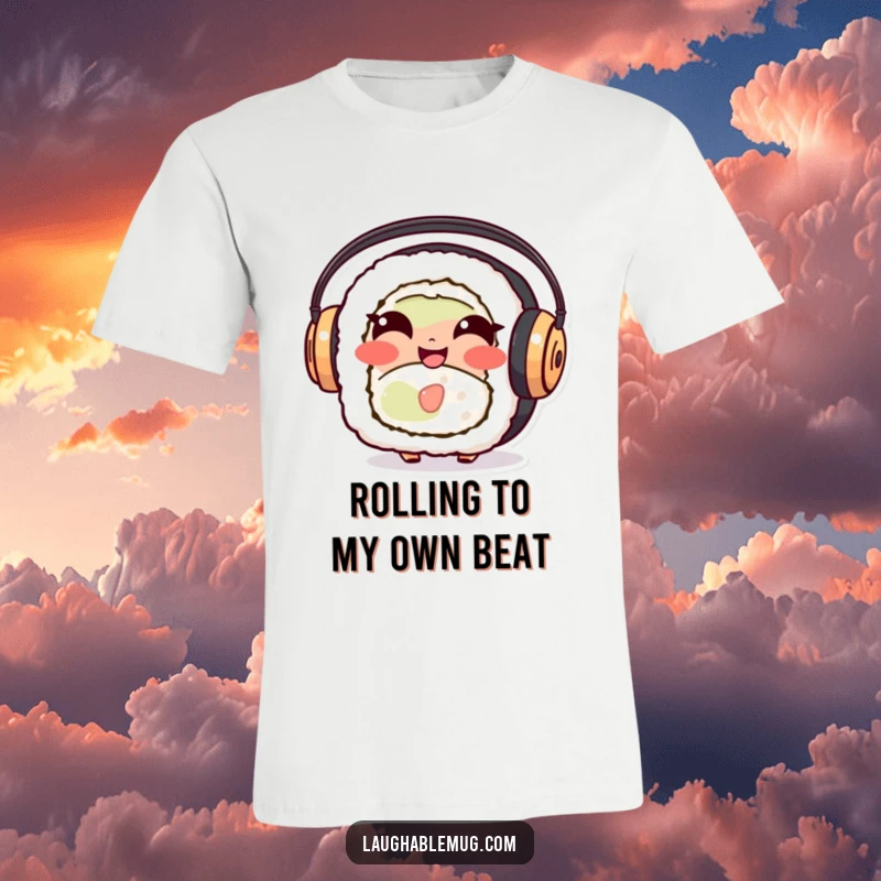 Funny Sushi Roll T-Shirt: A cheerful, giggling sushi character sporting oversized headphones, perfect for music and food lovers.
