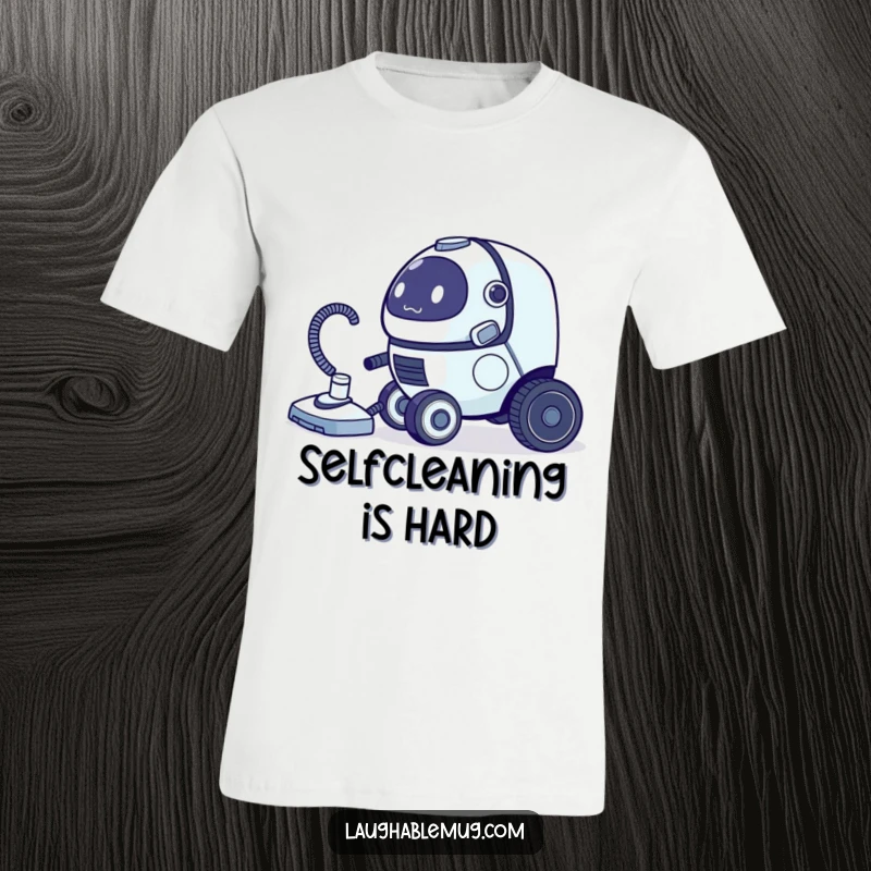 Funny t-shirt featuring a clumsy robot vacuum cleaner hilariously pursuing its own tail, a symbol of endless tasks.