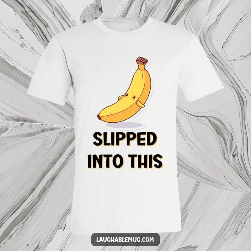 Funny t-shirt: An anthropomorphic banana hilariously slipping dramatically on its own peel, caught in a moment of comedic mishap.