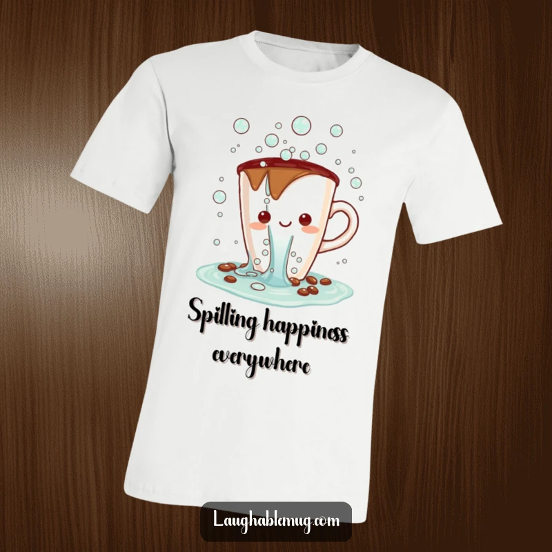 Funny Kawaii t-shirt featuring a coffee cup character spilling a waterfall of cheerful bubbles, perfect for bubbly personalities.