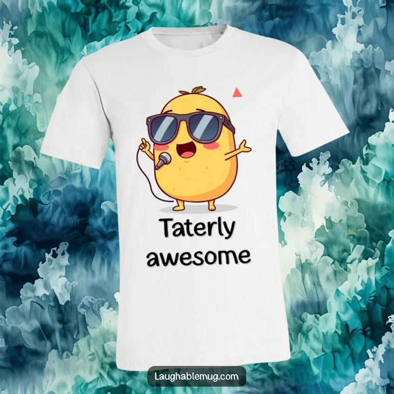 Funny t-shirt with a singing potato wearing tiny sunglasses, performing with great enthusiasm.