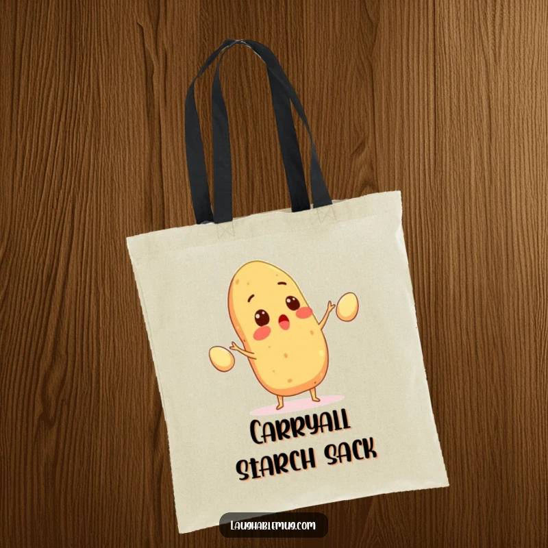 Funny tote bag with a surprised potato juggling eggs, perfect for market trips and showing off a love for humor, a great funny gift.
