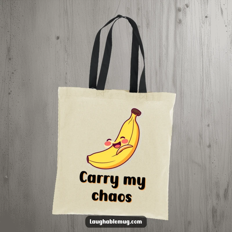 Funny Tote Bag: Smiling banana comically slipping on its own peel, a practical and humorous accessory for groceries.