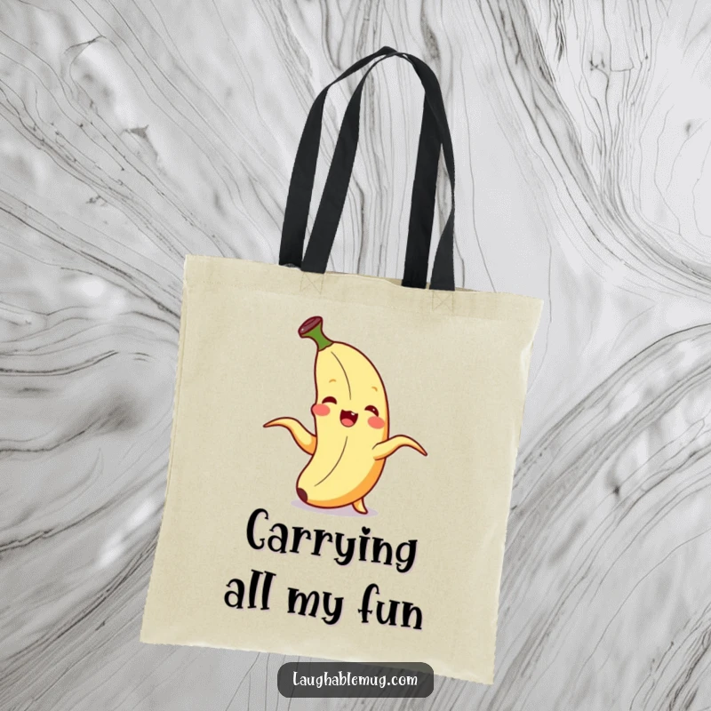 Funny Tote Bag: A banana giggles gleefully while peeling itself, showcasing a surprise and delight.
