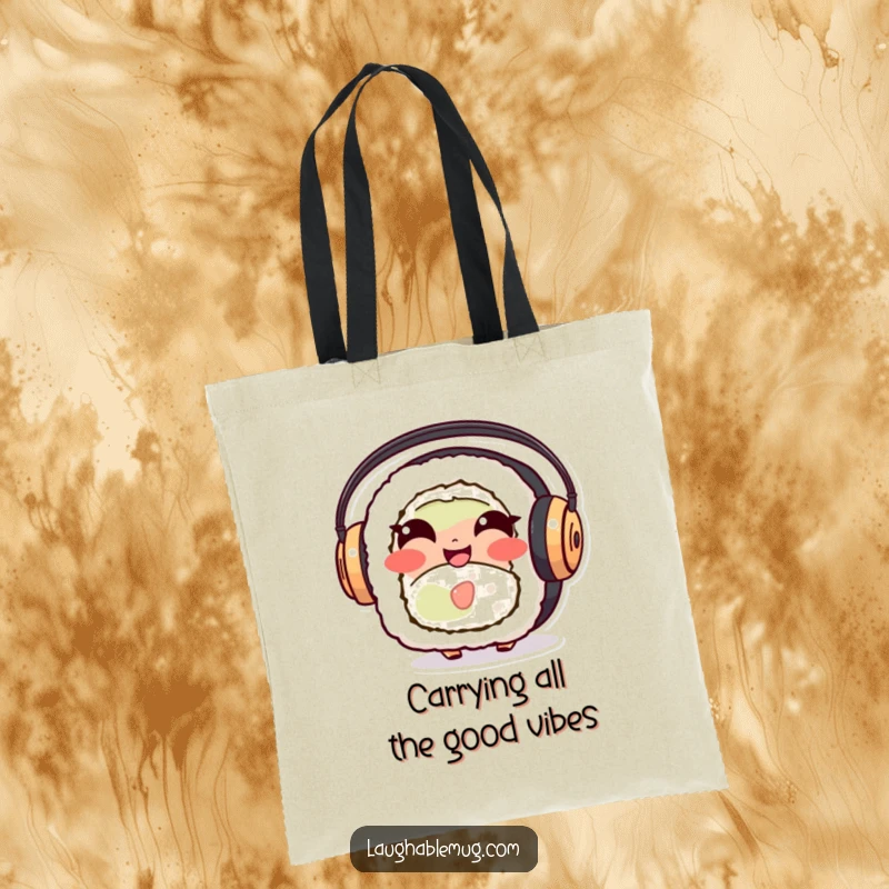 Funny Sushi Roll Tote Bag: A giggling sushi character with headphones, showcasing a love for music and food, practical and humorous.