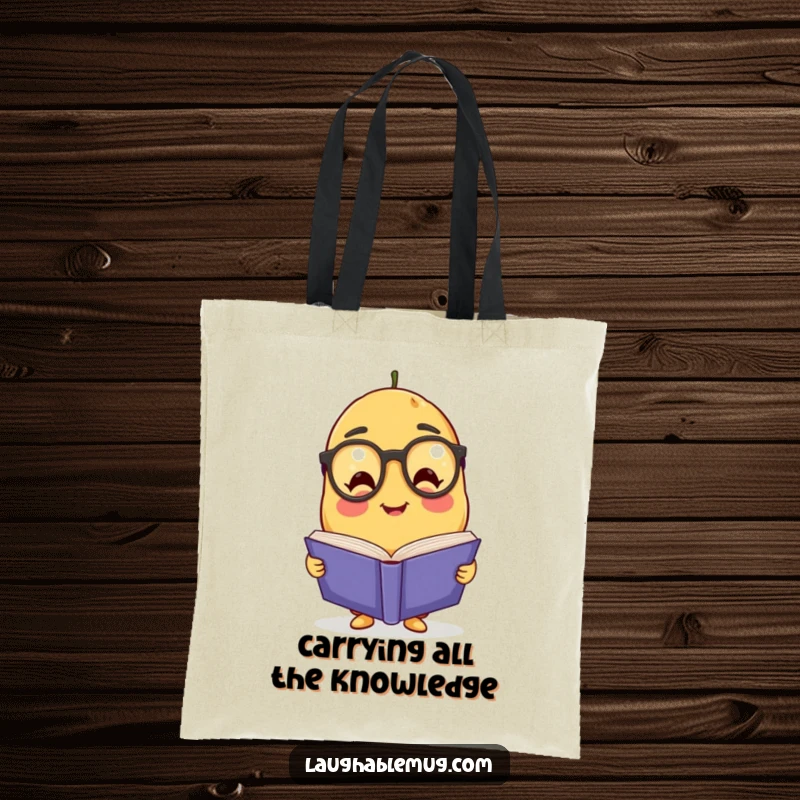 Funny Potato Scholar Tote Bag: A friendly potato character with glasses reading a giant book, designed for practical humor on the go.