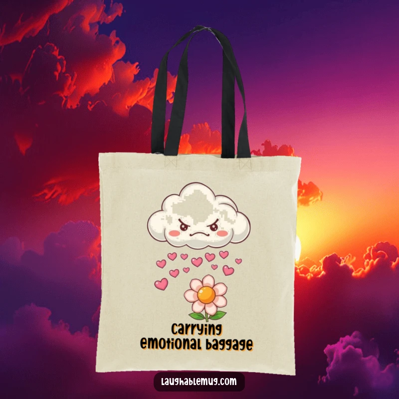 Funny tote bag with a grumpy cloud raining hearts on a flower, perfect for carrying essentials.