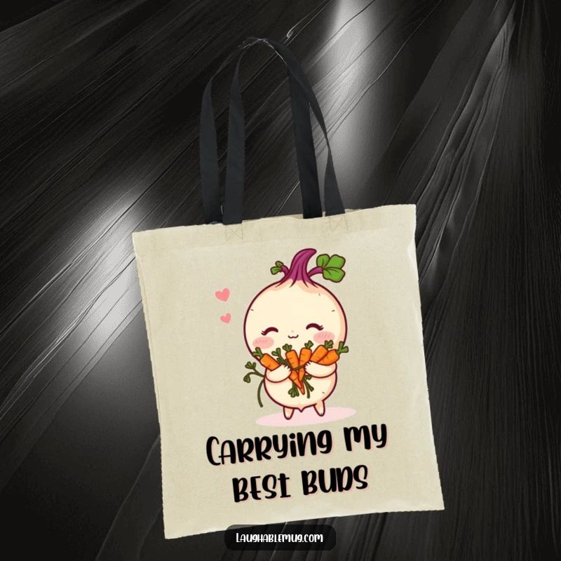 Funny Tote Bag: A shy turnip blushes and offers a small bouquet of carrots, showcasing its sweet, bashful nature.