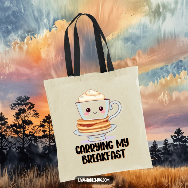 Funny Teacup Pancake Tote Bag: A cheerful teacup character holding a stack of pancakes, perfect for carrying essentials with a smile.