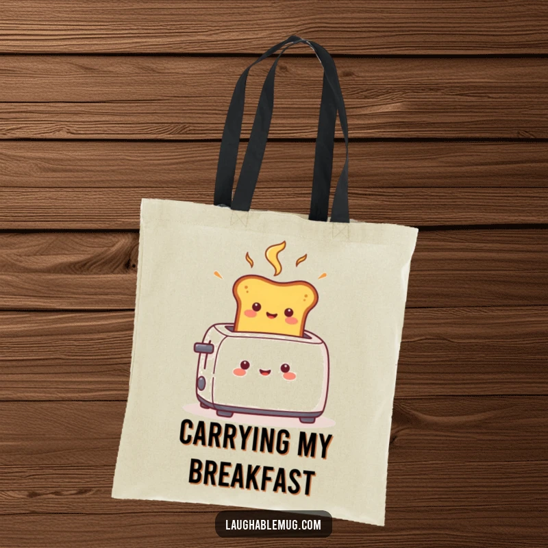 Funny tote bag showcasing a cheerful toast character popping fast from a toaster, demonstrating speed and morning readiness.