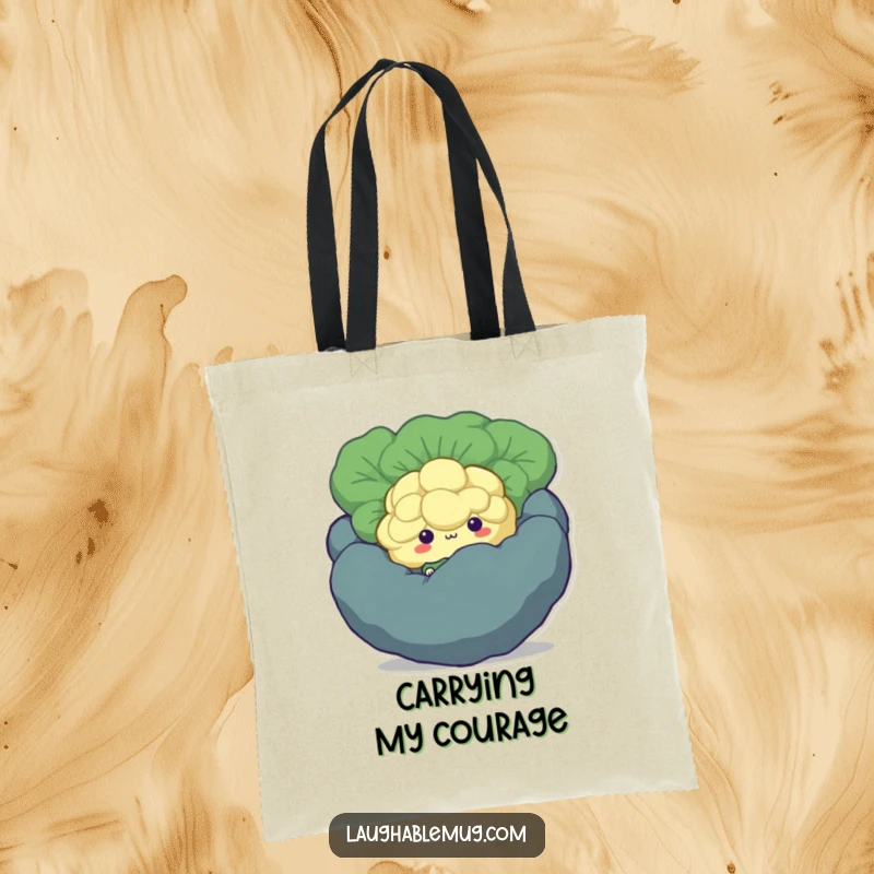 Funny Shy Broccoli Tote Bag: A reusable tote bag showcasing a shy broccoli floret character hiding behind a bigger vegetable, perfect for errands.