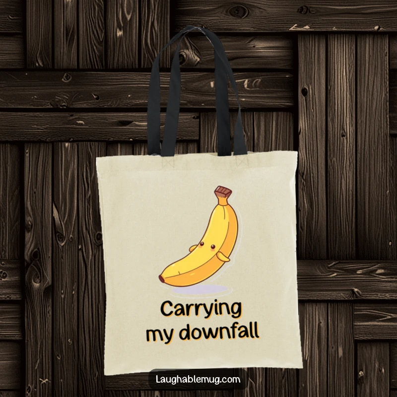 Funny tote bag: A personified banana comically slipping dramatically on its peel, designed for carrying essentials with humor.