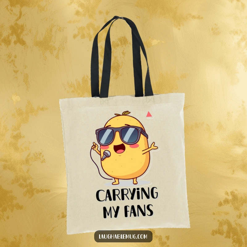 Funny tote bag depicting a singing potato wearing tiny sunglasses, performing with great enthusiasm.
