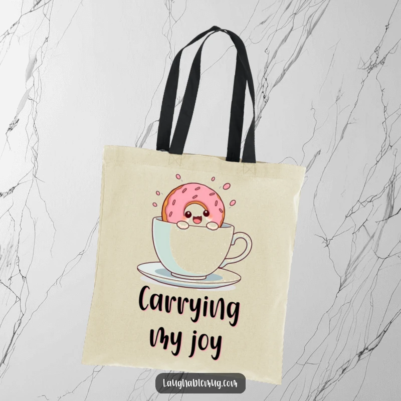 Funny Kawaii Donut Teacup Dive Tote Bag: A cute kawaii donut character dives enthusiastically into a large teacup, a sweet carry-all.