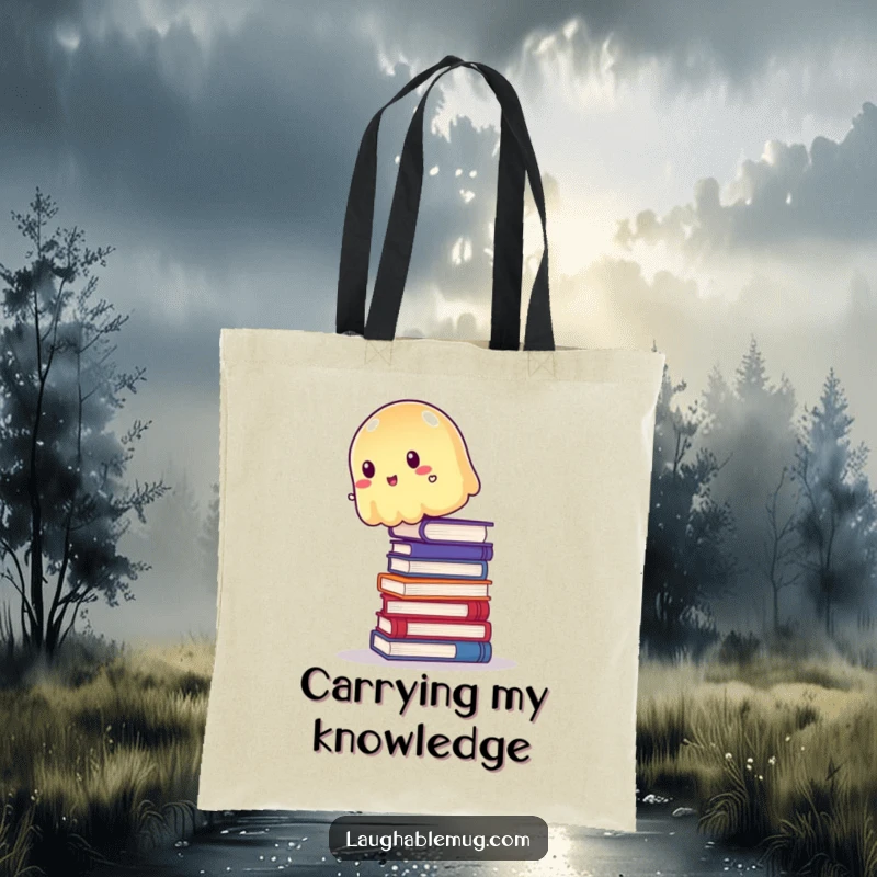 Funny Tote Bag: Wobbly jelly trying to balance precariously on a stack of books, a humorous and practical carry-all.
