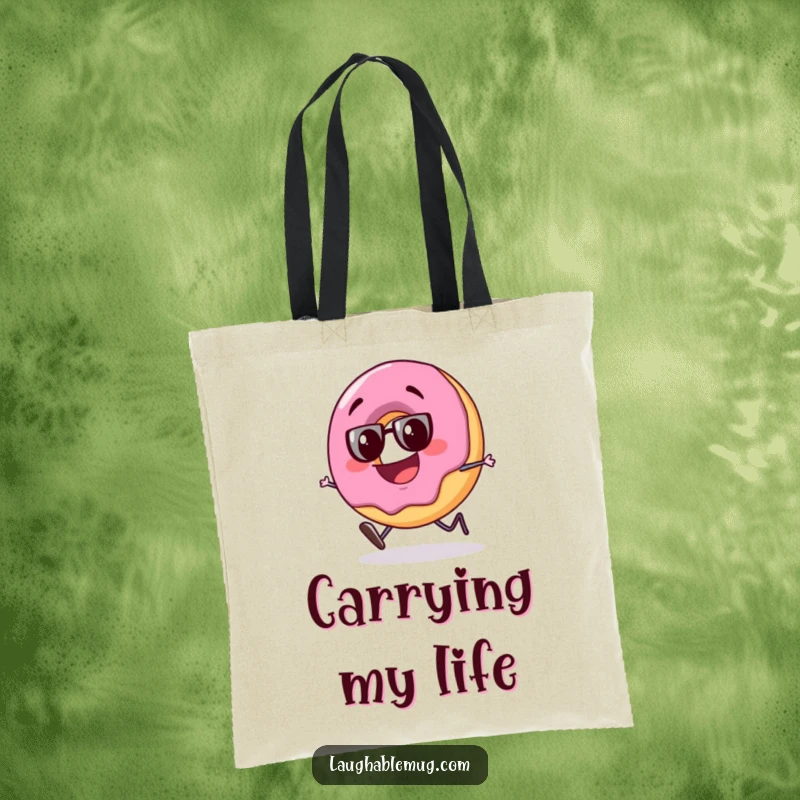 Funny tote bag featuring a slightly tipsy donut character stumbling with a big, goofy grin, perfect for carrying essentials with humor.