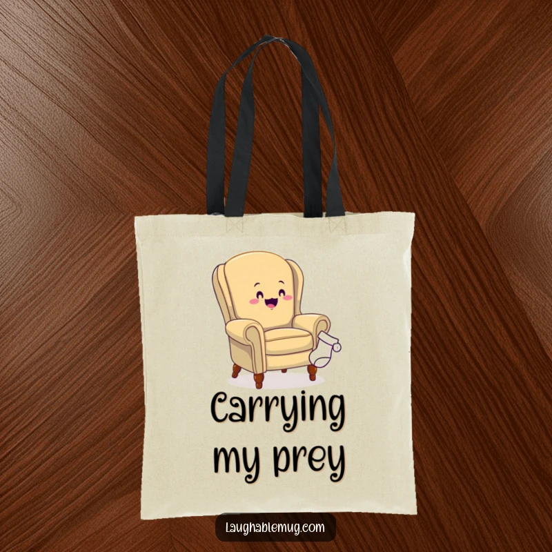 Funny tote bag illustrating an armchair energetically chasing a lost sock, perfect for carrying groceries or laundry with a smile.