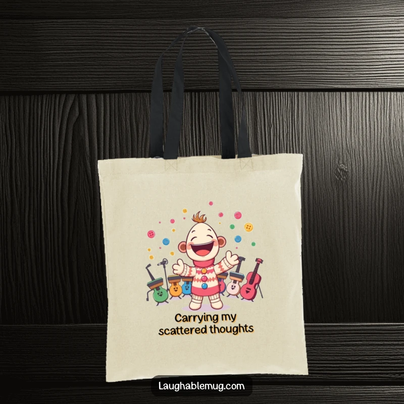 Funny tote bag with a cheerful sock puppet conducting a button orchestra, ideal for carrying items with musical humor.