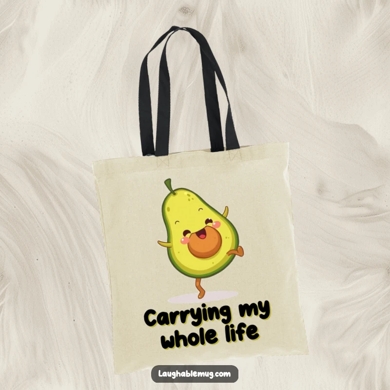 Funny tote bag displaying a fuzzy avocado in a spirited cartwheel, ready for adventure and carrying essentials.