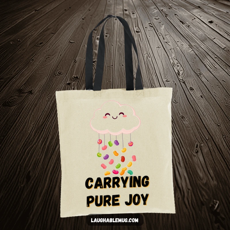 Funny tote bag: A smiling cloud raining colorful jelly beans, designed to bring joy and a pop of color to everyday use.