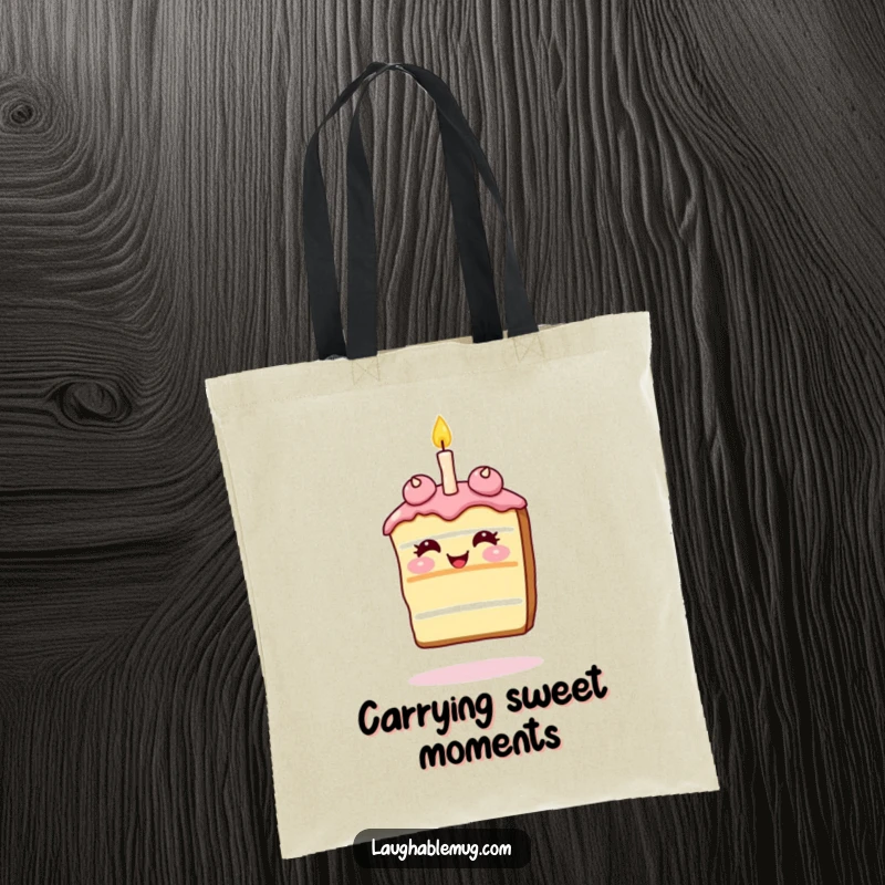 Funny Tote Bag: Giggling slice of cake balancing a single candle on its nose, a humorous and practical accessory.
