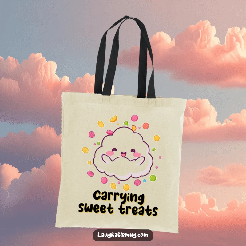 Funny Candy Rain Cloud Tote Bag: A fluffy cloud character joyfully raining colorful candy, a perfect funny gift.