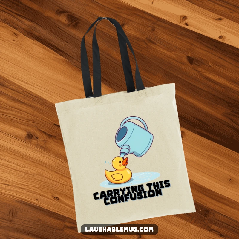 Funny tote bag illustrating a confused watering can attempting to water a rubber duck, ideal for carrying items with a humorous garden theme.