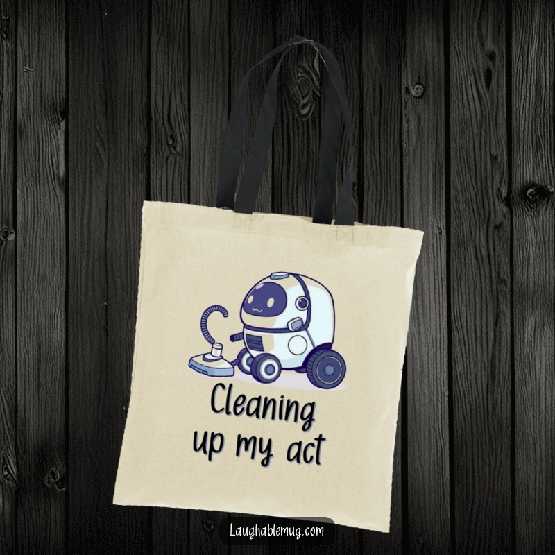 Funny tote bag featuring a clumsy robot vacuum cleaner chasing its tail, showcasing a love for technology.