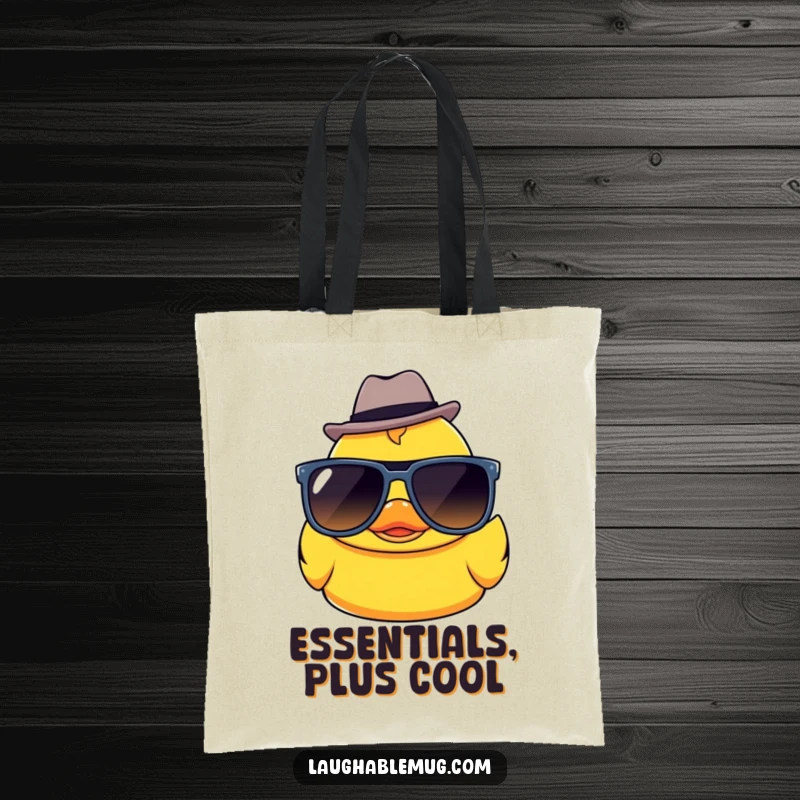 Funny Kawaii rubber ducky character sporting sunglasses and a fedora, printed on a durable tote bag.
