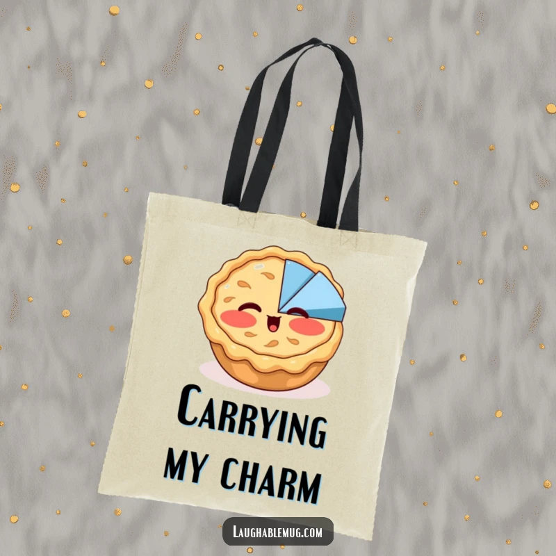 Funny tote bag featuring a blushing apple pie winking at a pie chart, perfect for carrying groceries or treats with a humorous dessert theme.