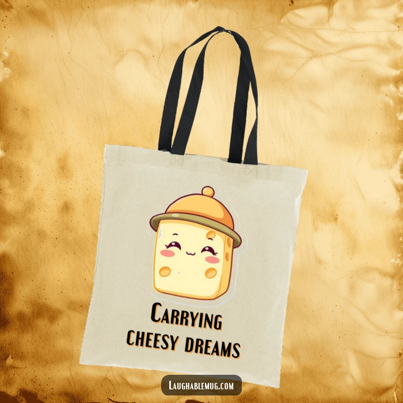 Funny tote bag featuring a smiling cheese wedge wearing a small hat, an amusing and practical accessory.