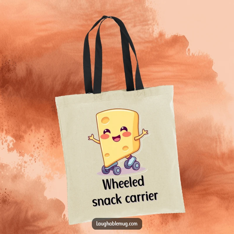 Funny tote bag with a smiling cheese slice on skates, perfect for groceries and showing off a love for cheese, a great funny gift.