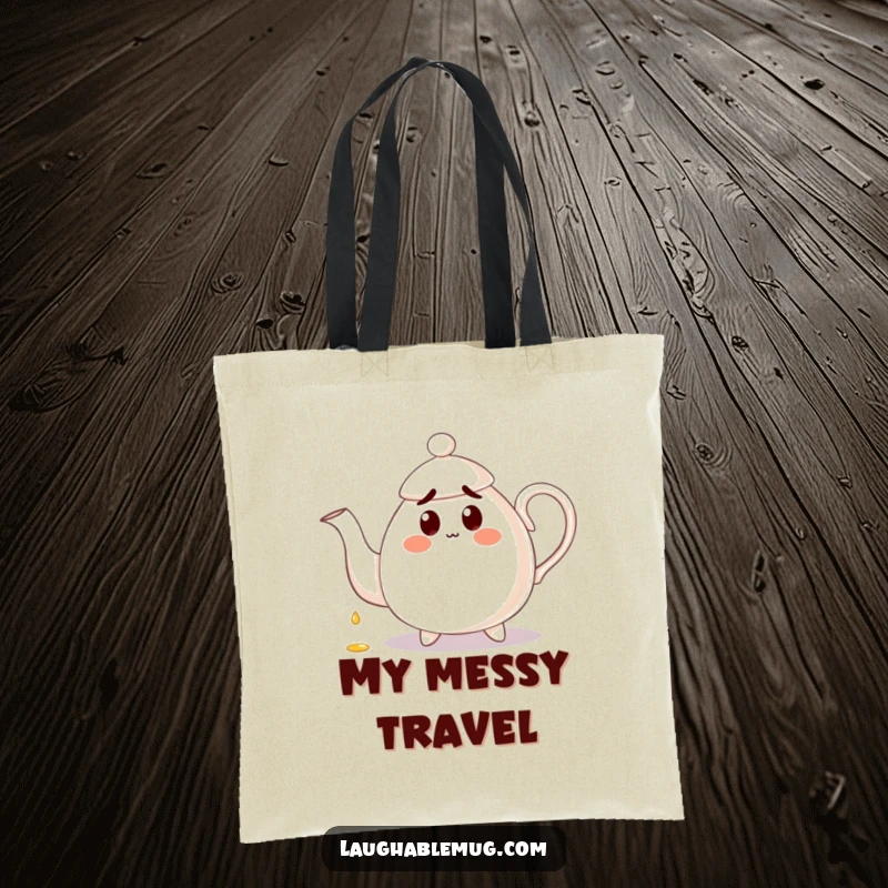 Funny Tote Bag: A surprised teapot pours tea onto its handle, showcasing a humorous and practical accessory for tea enthusiasts.