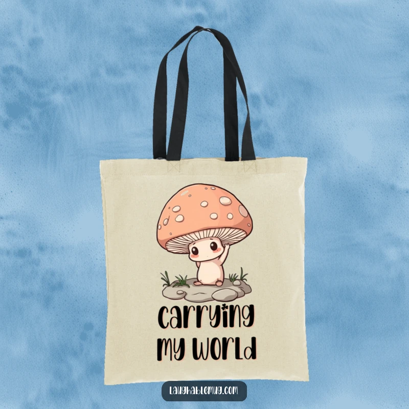 Funny Tote Bag: A determined mushroom trying to lift a large pebble, a humorous accessory for carrying your essentials.