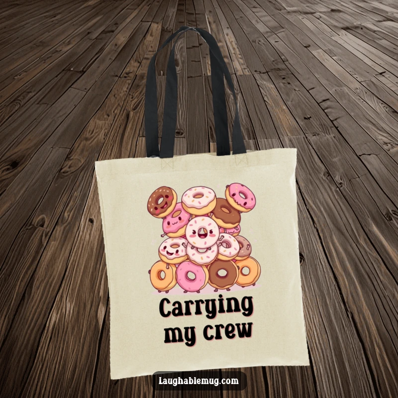 Funny tote bag: Donuts hilariously attempting synchronized dance moves, designed for carrying essentials with a dash of humor.