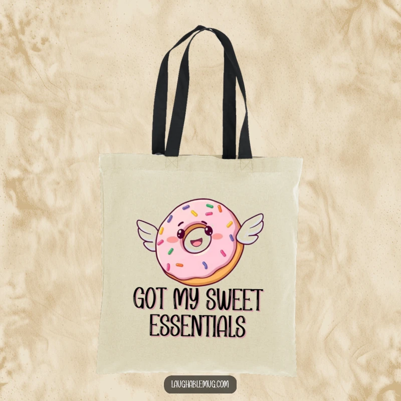 Funny tote bag illustrating a happy donut with tiny wings, aspiring to fly, decorated with lots of sprinkles.