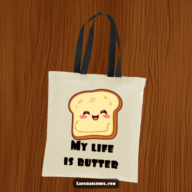 Funny Tote Bag: A giggling piece of toast with butter sliding backward, a humorous accessory for carrying daily items.