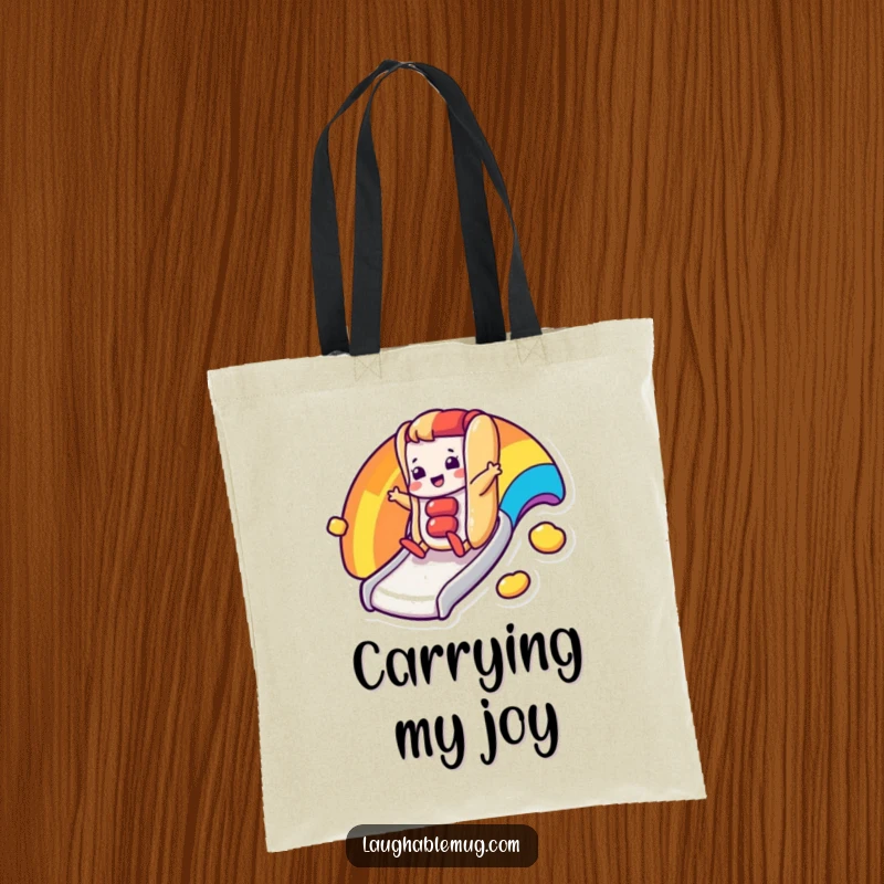 Funny tote bag with a happy hot dog character sliding down a rainbow slide, perfect for colorful outings.
