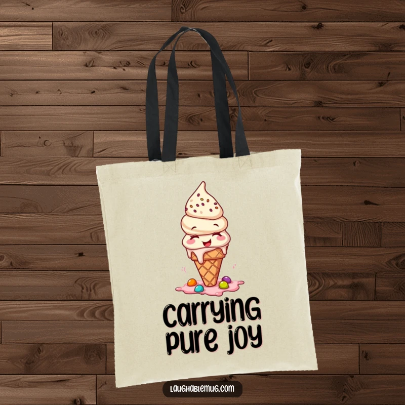 Funny tote bag depicting a giggling ice cream cone with toppings spilling, a fun accessory for daily use.