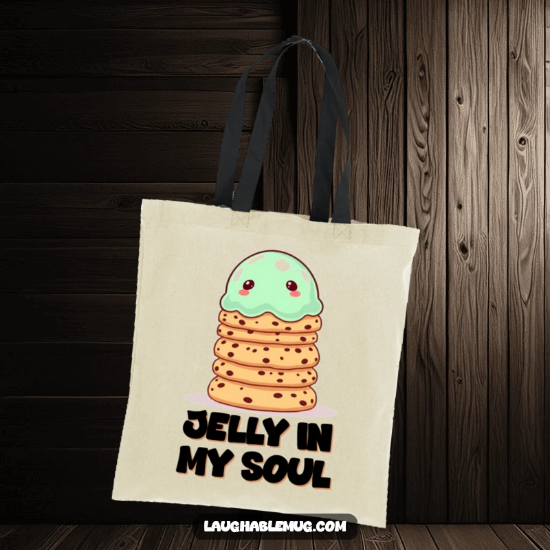 Funny tote bag with a wobbly jelly balancing cookies, perfect for carrying snacks and essentials.