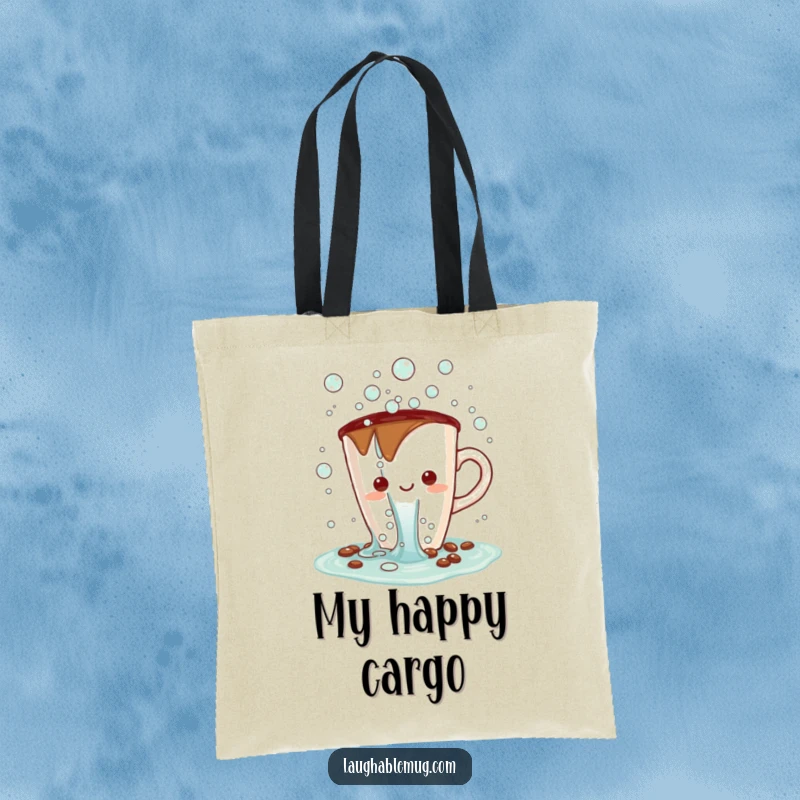 Funny Kawaii tote bag showing a coffee cup character spilling a waterfall of cheerful bubbles, perfect for carrying essentials humorously.