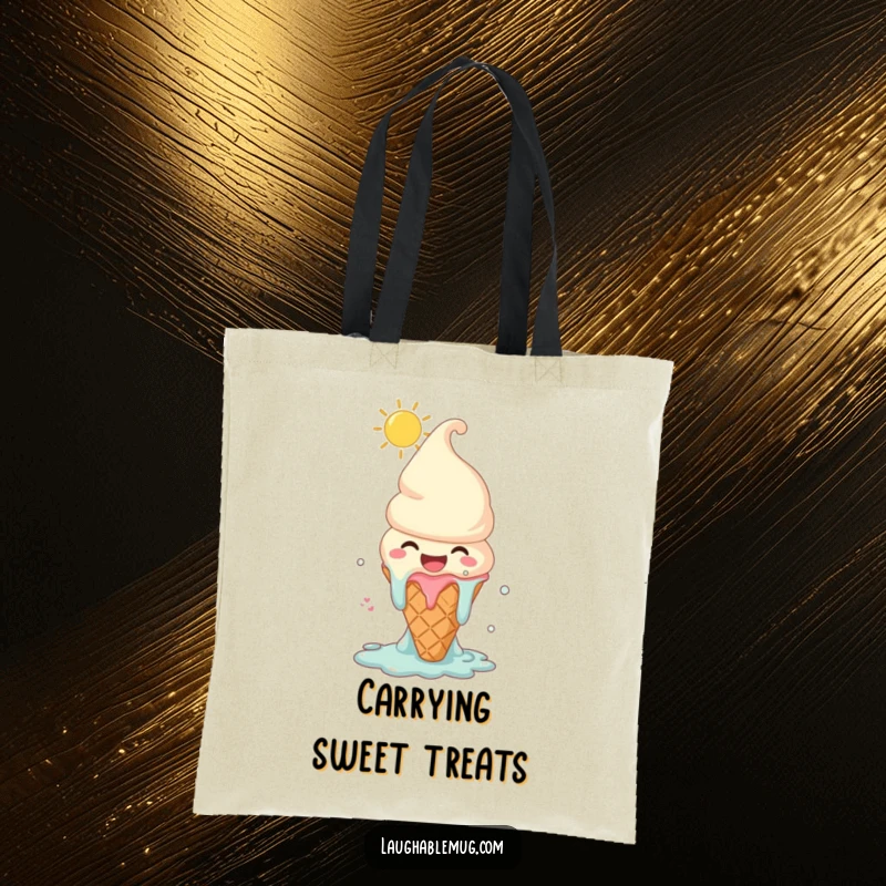 Funny tote bag featuring a melting ice cream cone character laughing joyously under the sun, perfect for carrying items with summer cheer.