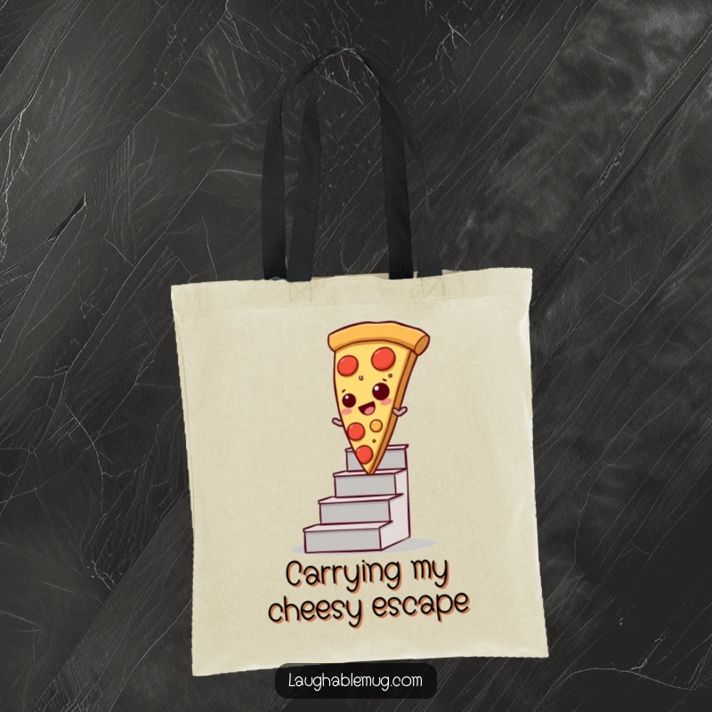 Funny tote bag with a pizza slice comically sliding down a staircase, great for carrying treats.