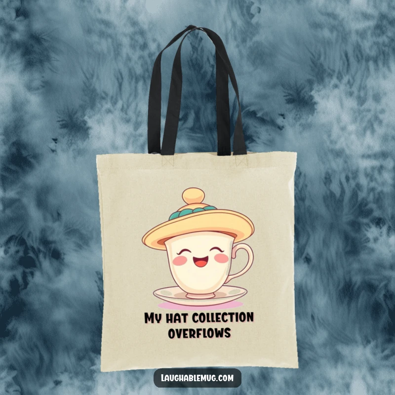 Funny tote bag featuring a laughing teacup wearing a ridiculously oversized, floppy hat, a stylish and humorous accessory. A delightful funny gift.