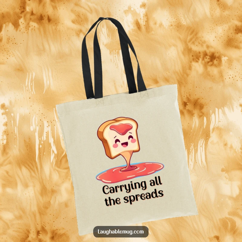 Funny tote bag with a smiling toast character dramatically diving into a jam swimming pool, great for shopping.